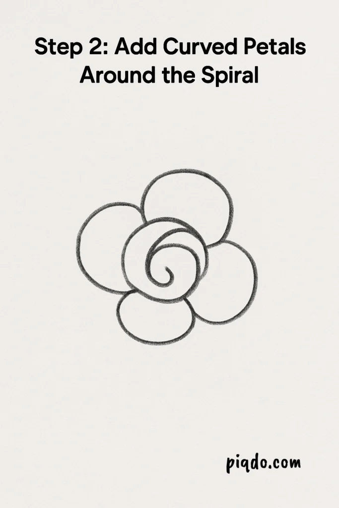 step 2 add curved petals around the spiral